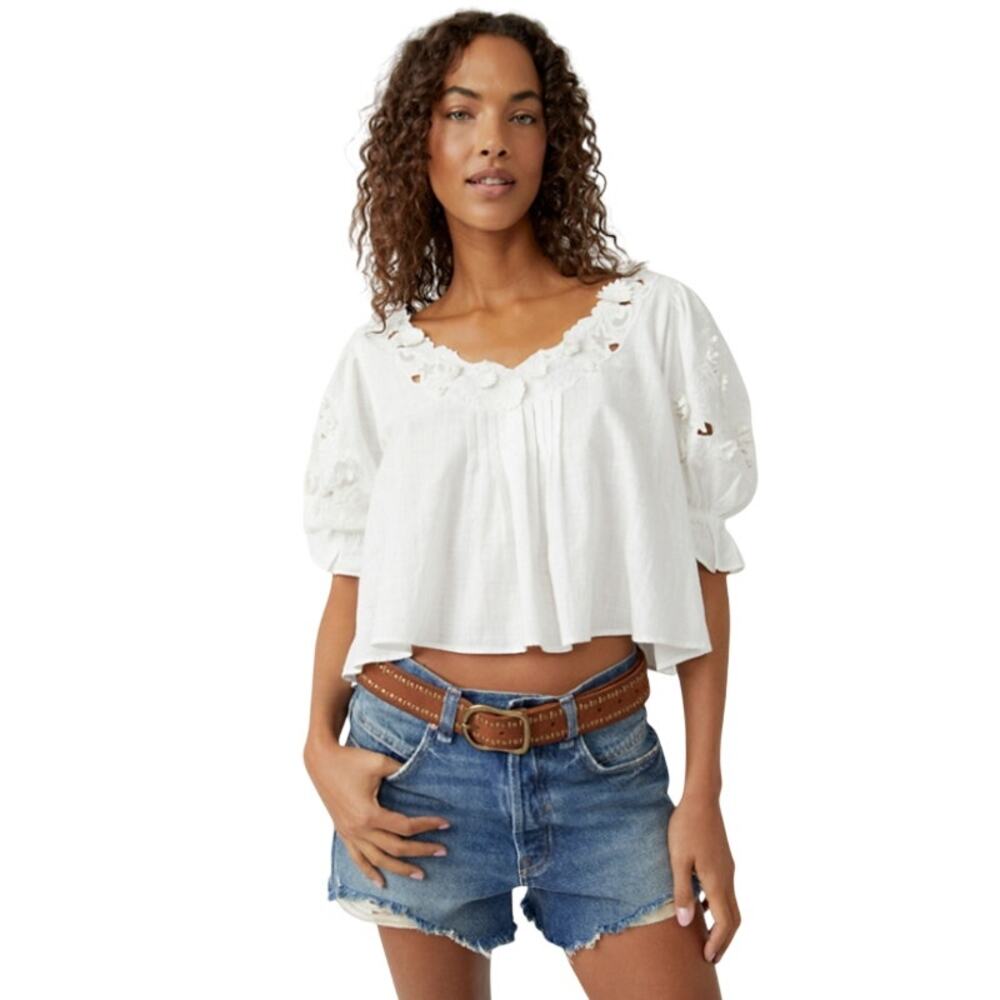 Free People Sophie Embroidery Top Soft White Billowy Cotton Fabric Sz M NWT